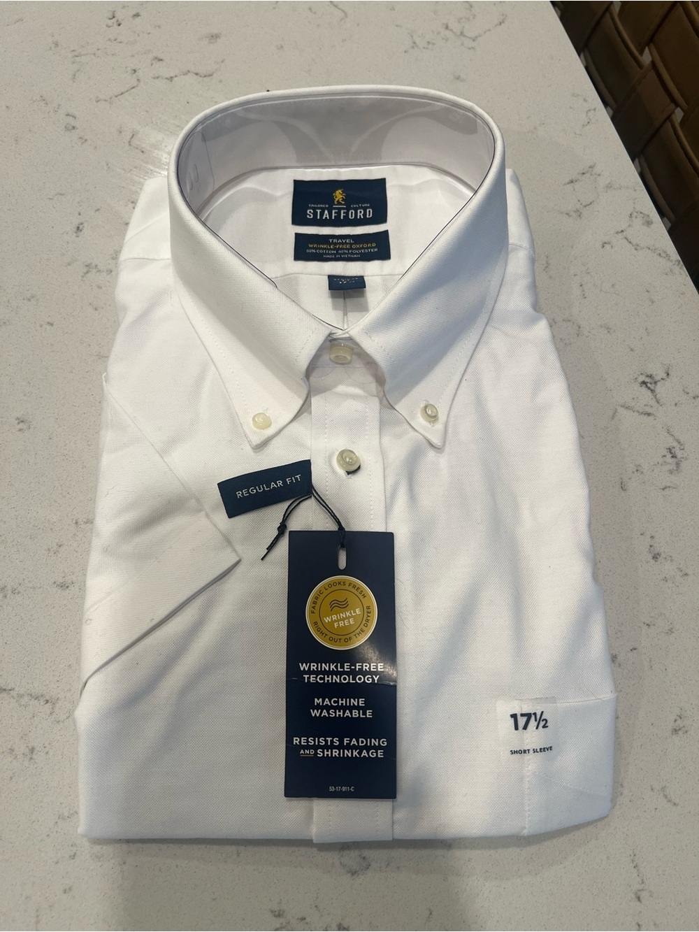 NWT Stafford Men's Short Sleeve Oxford Dress Shirt in White - Regular fit 17.5